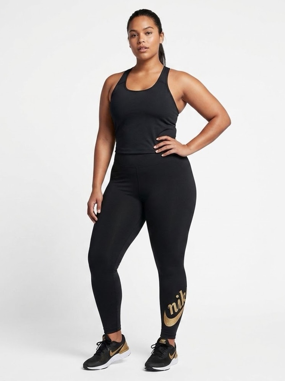 Nike Metallic Gold Graphic Script Logo Leggings - High Waisted Black Tights
